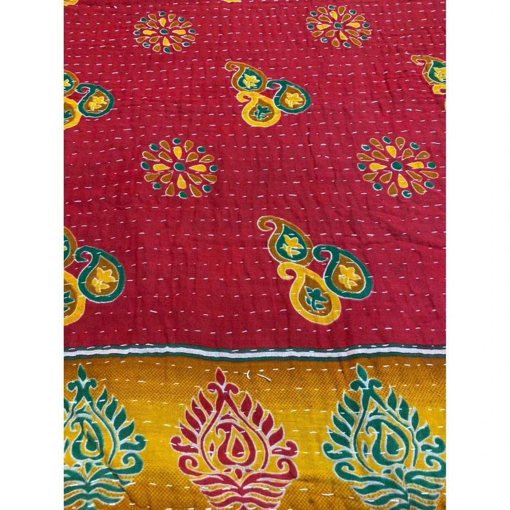 Handmade Indian Kantha Quilt Reversible Cotton Throw Blanket Red Yellow Paisley